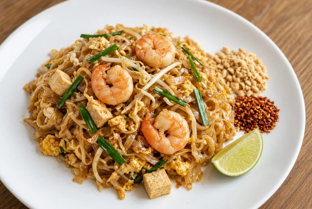 Pad Thai med reker, lime og peanøtter