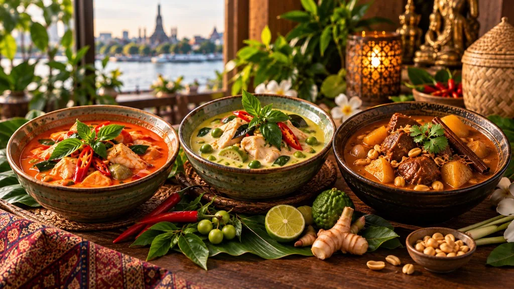 Tre skåler med rød curry, grønn curry og Massaman side om side