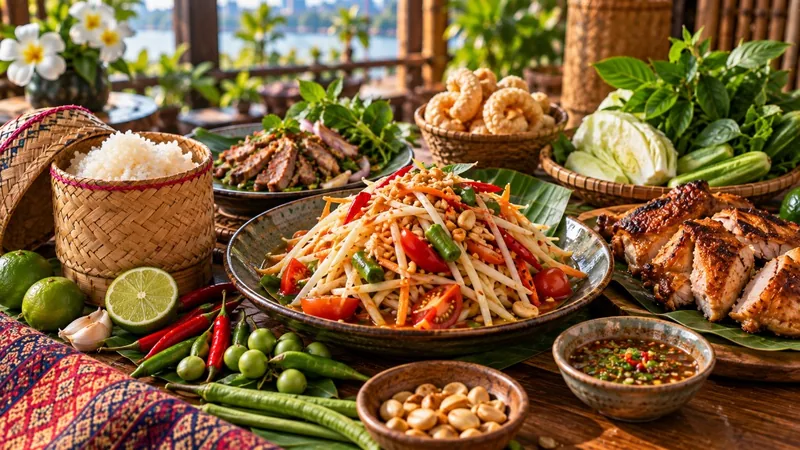 Som Tam med sticky rice og grillmat
