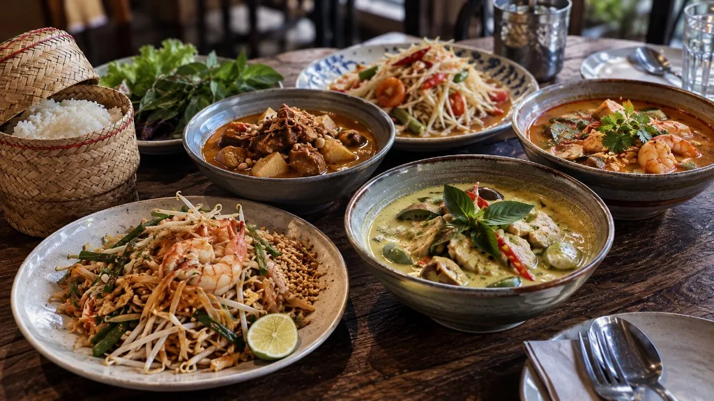 Flere thairetter med ulike smaksprofiler på et bord